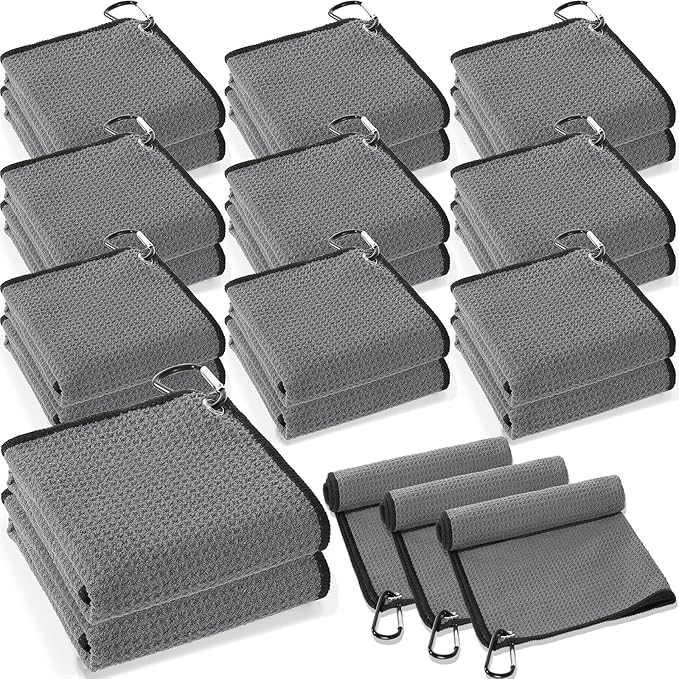 Batiyeer 30 Pcs Golf Towels Bulk for Bags 16'' x 16'' Microfiber Fabric Golf Towel with Clip Waffle Pattern for Men Mini Tournament Fitness Yoga Camping (Dark Gray)