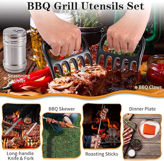 Camping Essentials Cookware Cooking Utensils Set - Portable Camp Kitchen Mess Kit Outdoor Accessories, Stainless Steel & Silicone, Camping Gear Equipment for RV Picnic Grill,Brown Pro