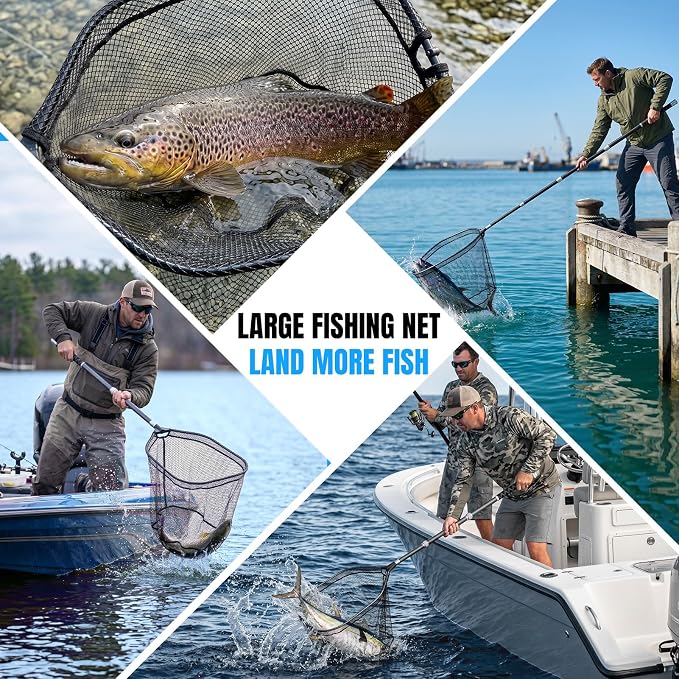 PLUSINNO Large Fishing Net, 3.4-7.7 FT Carbon Fiber Fish Net with Long Telescoping Handle, Kayak Fishing Gear Accessories Foldable Landing Net for Bass, Trout, Catfish, Fishing Gifts for Men Father