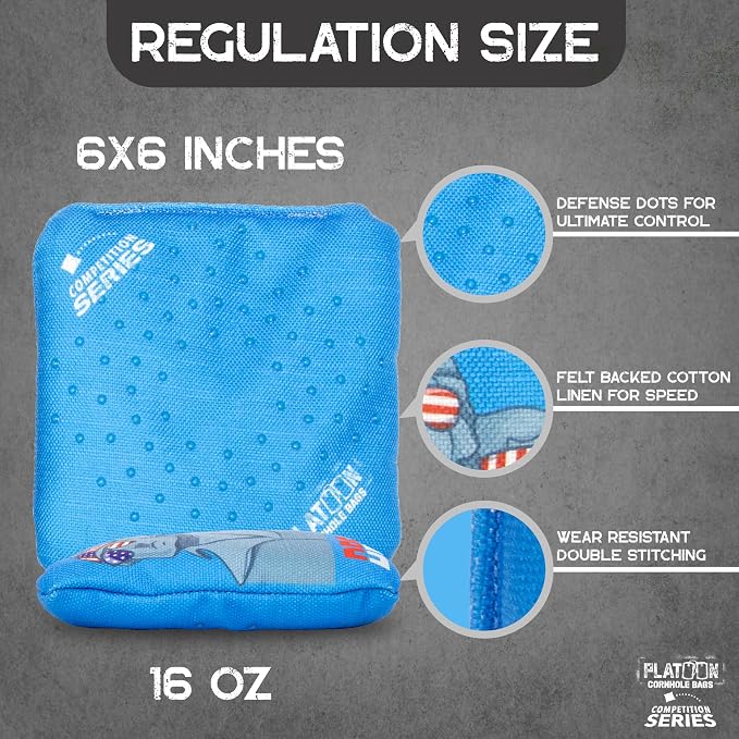 Play Platoon Competition Series Cornhole Bags Set of 8 Regulation Professional Weight Double Sided Slick and Stick with Rubber Sticky Dot Slow Side for Pro Corn Hole Bean Bag Toss Game-Designed in USA