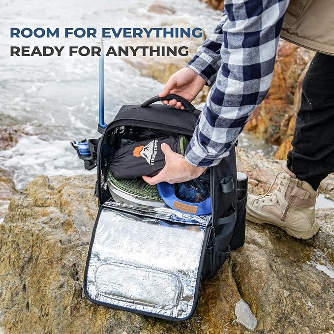 Fishing Backpack with Tackle Boxes and Rod Holders 40L; Plus Rain Cover, Padded Back Support, Insulated Front Pocket for Hot/Cold Lunch, Water Bottle Holder (Tactical Black)