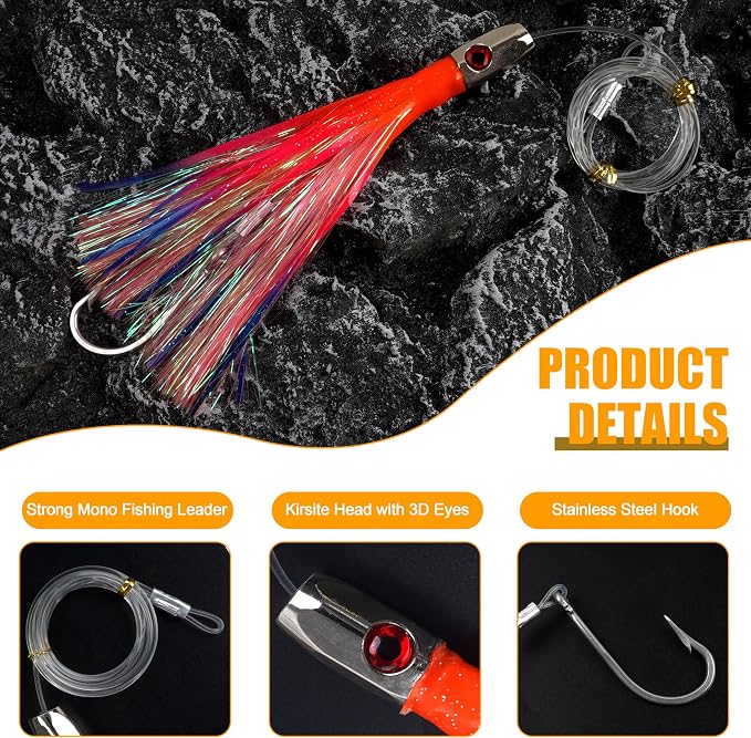 Trolling Lures Saltwater for Tuna Mahi Marlin Wahoo Dolphin Shark Offshore Trolling Baits with Squid Skirt Big Game Fishing Lures Deep Sea Squid Skirts Rig 6/9 inch