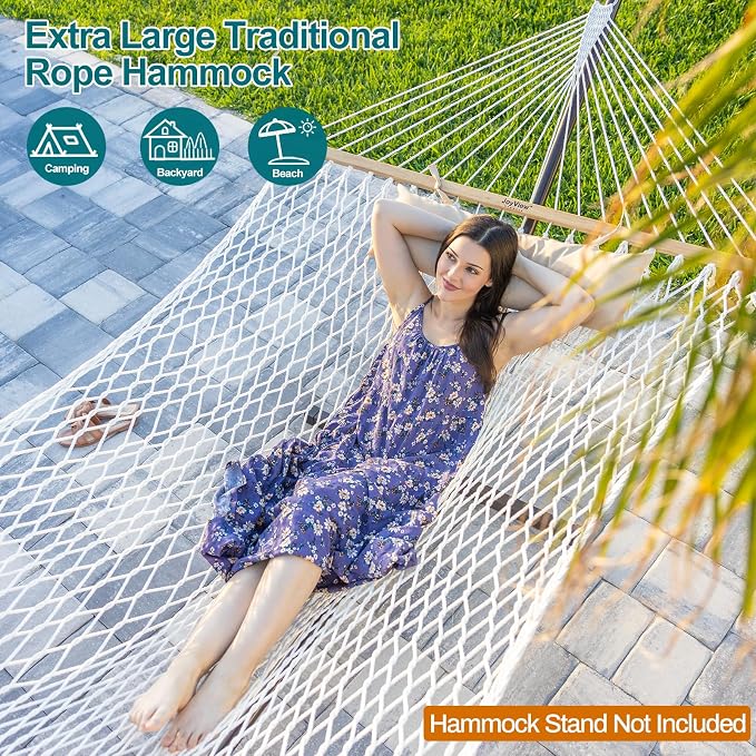 JoyView Traditional Rope Double Hammock - Hand Woven Cotton Hammock with Hardwood Spreader Bar and Pillow 450lb Capacity for Outdoor Indoor Patio Yard - Brown