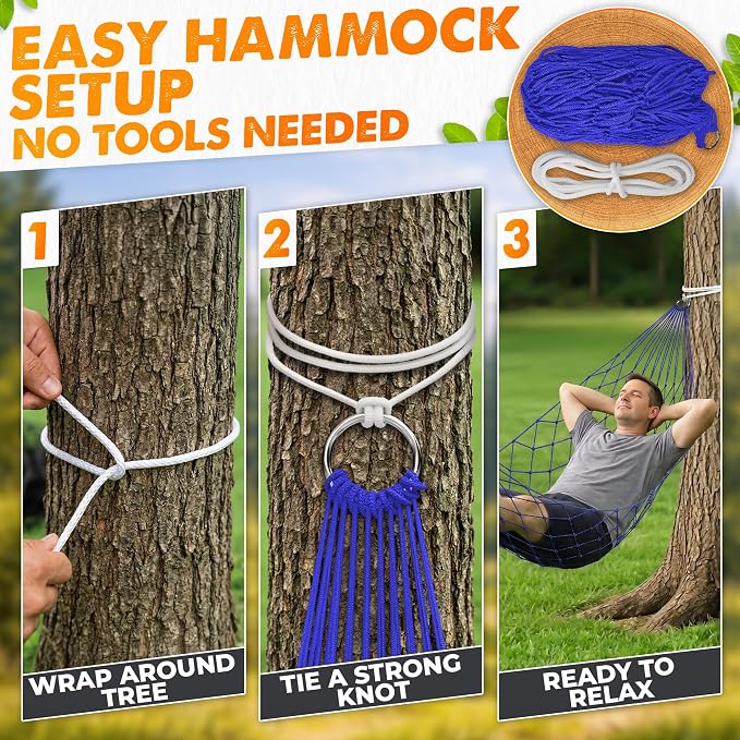 Mesh Hammock - Loop & Lounge Between Two Trees, Rope Hammocks for Outside Camping - No Stand Needed, 220 lb Capacity, Lightweight 13 oz Nylon Net Bed for Backyard Garden Patio Beach Travel, Blue