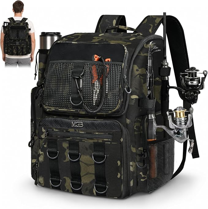 MGB Fishing Tackle Backpack with Rod Holders & YKK Zipper, 46L Fishing Bag with Bottle Holder, Storage Bag Store Fishing Gear
