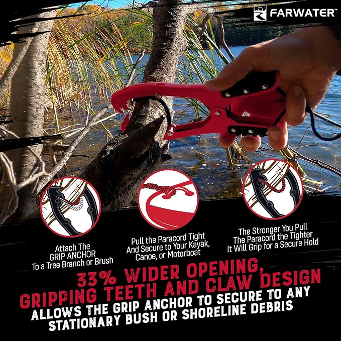 Canoe Anchor Grip - Boat, Float Tube & Kayak Fishing Accessories, Kayaking Equipment - Brush Clamp Anchor with Teeth - Gripper with 15ft Paracord - Rubber Grips - Coated Steel -