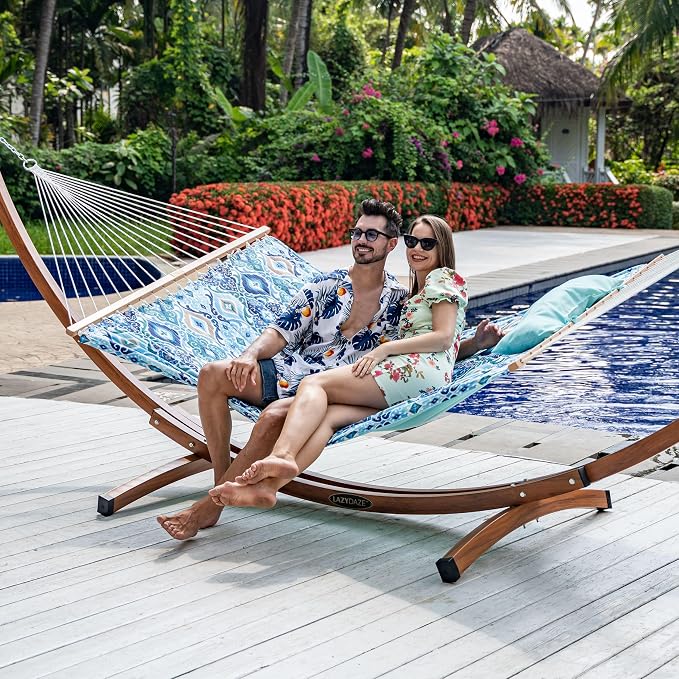 Lazy Daze Hammocks 10.5FT 2 Person Double Quilted Fabric Hammock with Spreader Bar, Detachable Pillow, Side Pocket, Carabiners, Chains, Straps for Outdoor, 450lbs Capacity, Floral Auqa