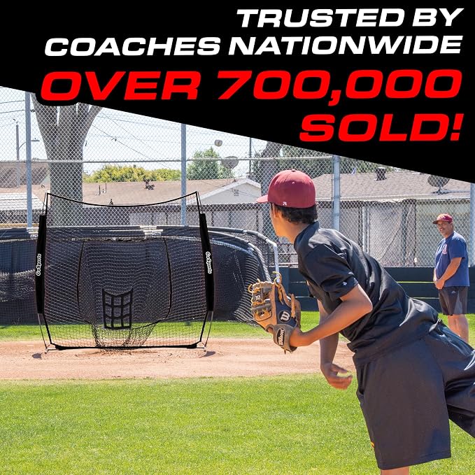 GoSports 7 ft x 7 ft Baseball & Softball Nets - Red, Black, Drip or PRO - Practice Hitting & Pitching Net with Bow Type Frame, Carry Bag and Strike Zone, Great for All Skill Levels