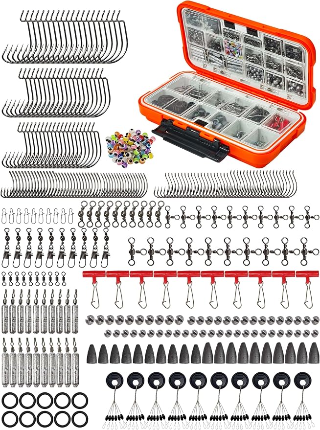 471pcs Fishing Accessories Kit Tackle Box with Tackle Included | Terminal Tackle Kit with Fishing Hooks, Sinker Weights, Swivels, Snaps, Beads, O-Rings, Bobbers, Fishing Gear Set Equipment