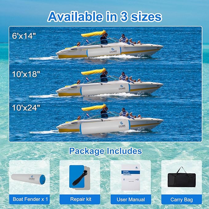 COOLWAVE 6FT/10FT Inflatable Boat Fenders, Upgraded Inflatable Boat Bumper for Docking, Heavy Duty Dock Fender with Storage Bag, Dock Bumper for Fishing Boats, Jet Skis, Yachts, 1Pack