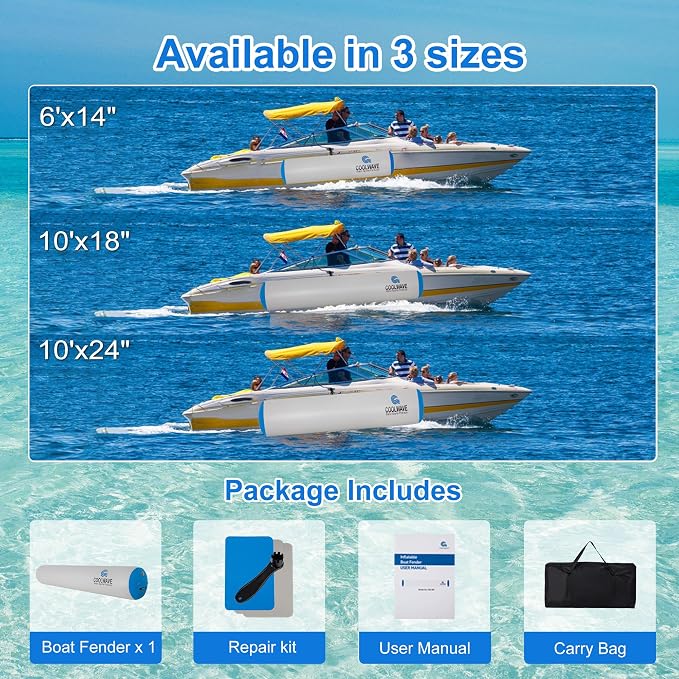 COOLWAVE 6FT/10FT Inflatable Boat Fenders, Upgraded Inflatable Boat Bumper for Docking, Heavy Duty Dock Fender with Storage Bag, Dock Bumper for Fishing Boats, Jet Skis, Yachts, 1Pack