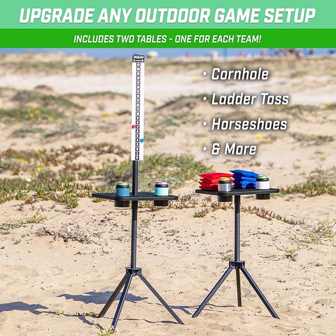 GoSports All Weather Metal Cornhole Scoreboard with Drink Holders - Black or White - Magnetic Outdoor Score Keeper for Yard Games - Set of 2 ScoreCaddy Tables
