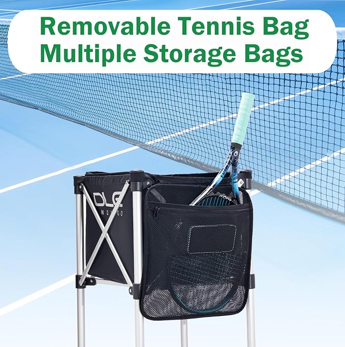 Tennis Ball Hopper Tennis Ball Basket with Side Pockets Lightweight Tennis Ball Cart Holds 160 Balls, Portable Sports Teaching Cart with Wheels for Tennis Player