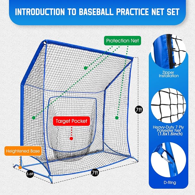 Baseball Softball Net with Blocking System, 7x7ft/6x6ft/10x7ft Practice Cage Net for Batting/Pitching/Fielding, Metal Frame with Elevated Base and Storage Bag for Backyard Indoor Training