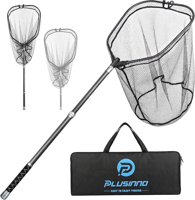 PLUSINNO Large Fishing Net, 3.4-7.7 FT Carbon Fiber Fish Net with Long Telescoping Handle, Kayak Fishing Gear Accessories Foldable Landing Net for Bass, Trout, Catfish, Fishing Gifts for Men Father