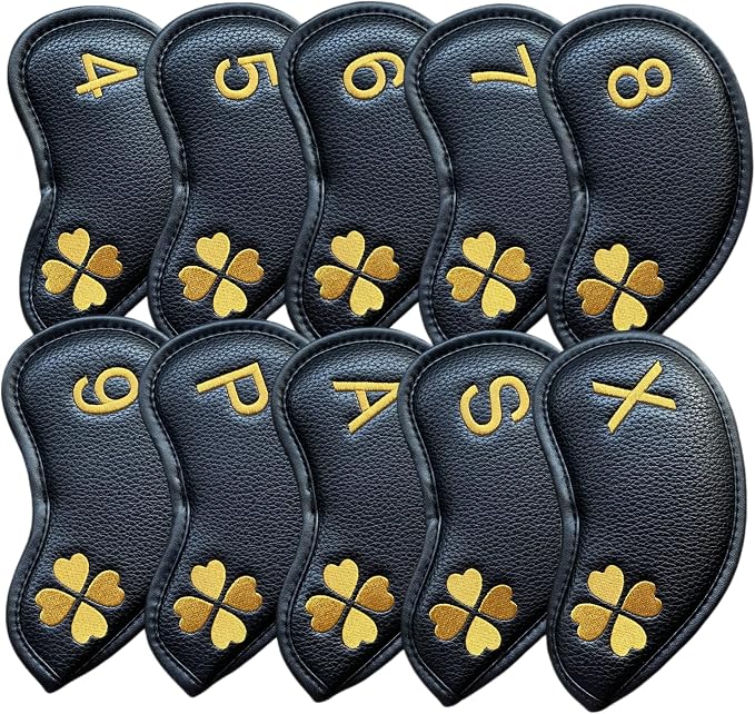 10pcs Golf Iron Covers 4 Leaf Clover Golf Iron Head Covers Synthetic Leather Golf Iron Covers Set Iron Headcovers Golf Club Head Covers for Iron Wedges fits for All Brand