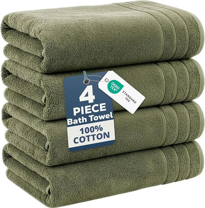 Casa Platino 100% Cotton Bath Towels Pack of 4 (30"x60") - Ring Spun Mercerized Cotton Bathroom Towel Set - Quick Dry, Soft & Absorbent Large Bath Towels - Holds Well After Multiple Washes - Oil Green