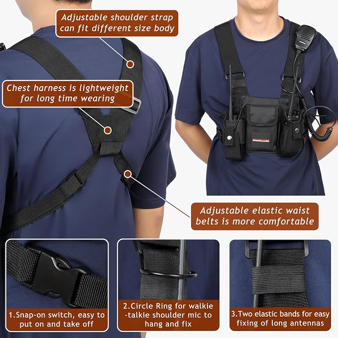 SAMCOM Radio Chest Harness with Adjustable Shoulder Holster, Tactical Vest Radio Vest Holder Two Way Radio Vest Rig, Walkie Talkie Storage Bag with Pack Pouch (1 Pack, Black)