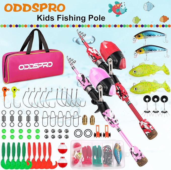 ODDSPRO Kids Fishing Pole - Portable Telescopic Kids Fishing Rod and Reel Combo Kit - with Spincast Fishing Reel Tackle Box for Girls, Youth