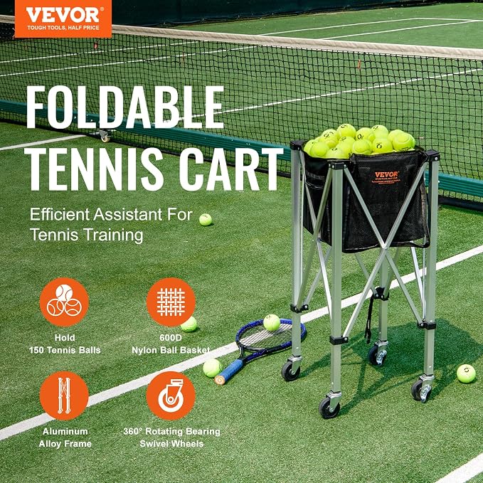 VEVORFoldable Tennis Ball Hopper, Holds 150-180 Tennis Balls, Lightweight Aluminum Alloy Tennis Ball Basket Cart with Wheels for Tennis Player