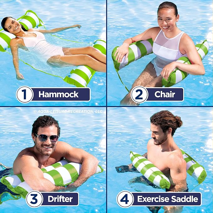 Aqua 4-in-1 Monterey Hammock Pool Float & Water Hammock, Multi-Purpose, Inflatable Pool Floats for Adults, Patented Thick, Non-Stick PVC Material, Lime Green/White Stripe