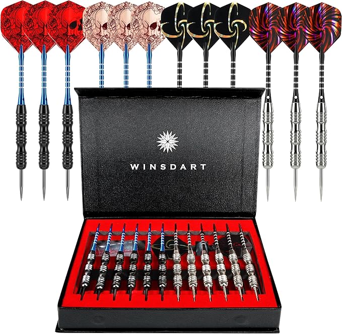 WINSDART Steel Tip Darts 12 Pack Set with Nonslip Iron Barrel Aluminum Dart Shafts and Flights Darts Sharpener an Gift Box