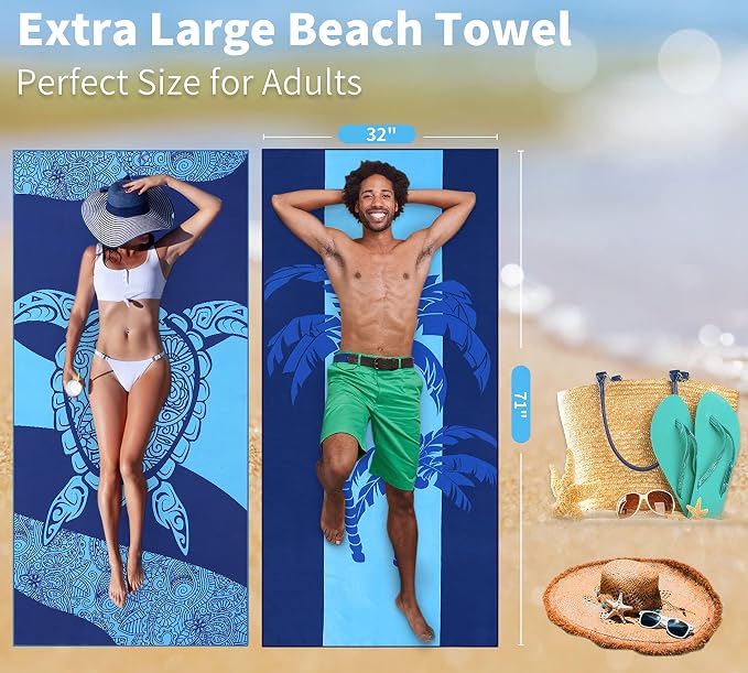 6 Pack Lightweight Thin Beach Towel Oversized 71"x32" Big Extra Large Microfiber Sand Free Towels for Adult Quick Dry Travel Camping Beach Accessories Gift Turtles Tie Dye Coconut Tree Mandala Stripe