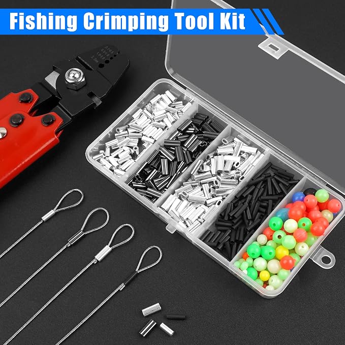 Fishing Crimping Tool Kit Fishing Crimping Pliers Stainless Steel Wire Crimping Tool with 500pcs Crimp Sleeves Set, 4 Size Crimp Sleeves Fishing Tackle Pliers