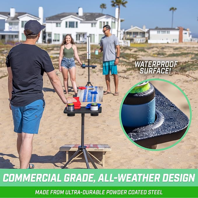 GoSports All Weather Metal Cornhole Scoreboard with Drink Holders - Black or White - Magnetic Outdoor Score Keeper for Yard Games - Set of 2 ScoreCaddy Tables