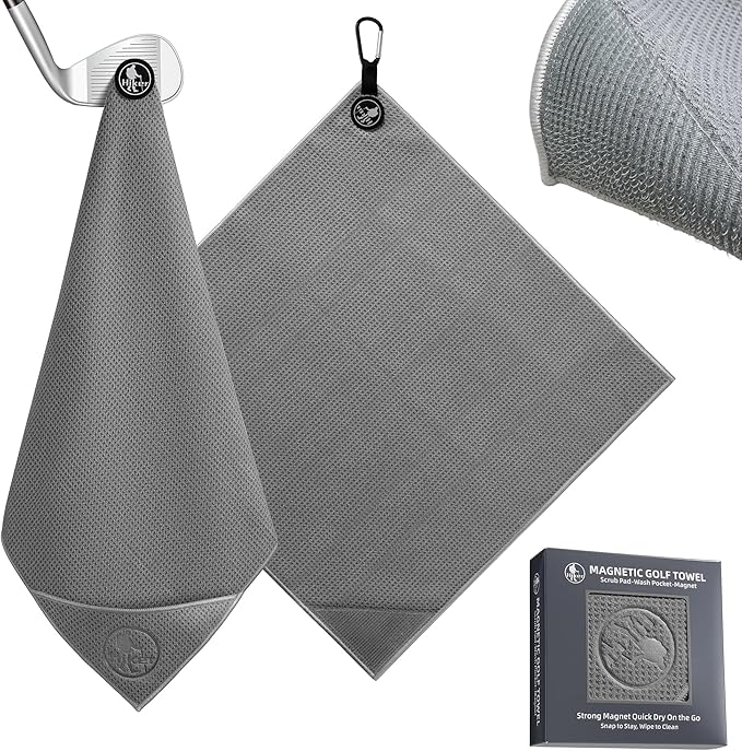 Hiker 20" x 20" Large Magnetic Golf Towel, Ultra Absorbent Microfiber Golf Towels for Golf Bags Cart Accessories with Waffle Pattern, Golf Ball Cleaner Cleaning Pocket, Brush Material