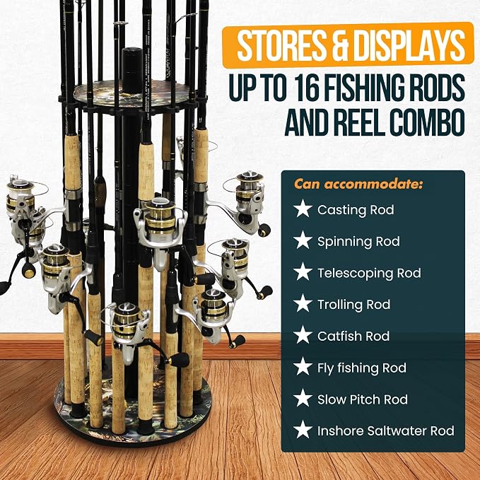 Rush Creek Creations 16-Rod Round Fishing Rod Holder for Garage, 360° Access Fishing Pole Holder for Rods, Reels, Gear, Accessories, and Tackle Box, Securely Holds 16 Rods, Bass