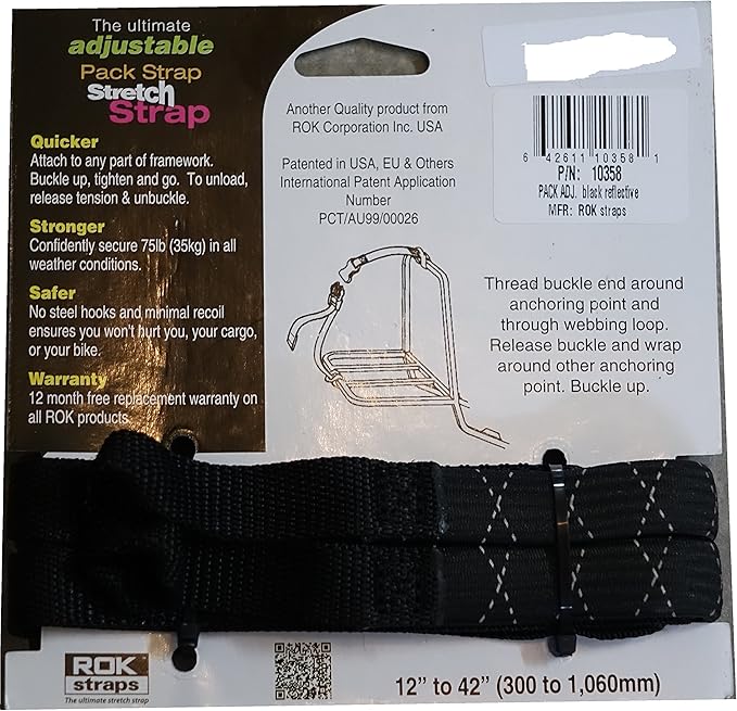 ROK Straps ROK-10358 Black/Reflective 12" - 42" Pack Adjustable Stretch Strap