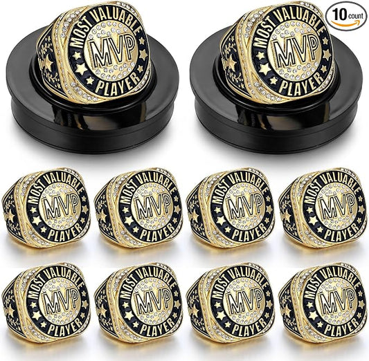 Highergo 10 Pcs Basketball Softball Baseball MVP Dancer Champion Trophy Ring with Display Stand Star Football Soccer Volleyball Golf Cheerleading Bowling Track Field