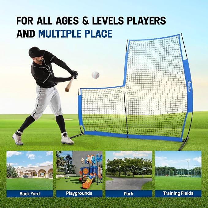 Portable L-Screen Baseball 7x7ft with 2 Baseballs, Rubber Wheels - L Screen Baseball for Batting Cage, Protective Pitching Screen Net Double Layers, Carry Bag Included
