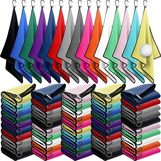 Batiyeer Golf Towels Bulk for Bags 16'' x 24'' Microfiber Waffle Pattern Golf Towels Trifold with Clip for Hiking,Tournament, Yoga