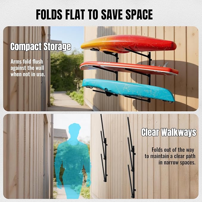 3 Tier Kayak Wall Mount Rack, 45.3" Heavy Duty Canoe Storage Brackets, Foldable Space Saving Hanger, 304 Stainless Steel Screws for Outdoor & Indoor, Fits SUP/Paddle Board