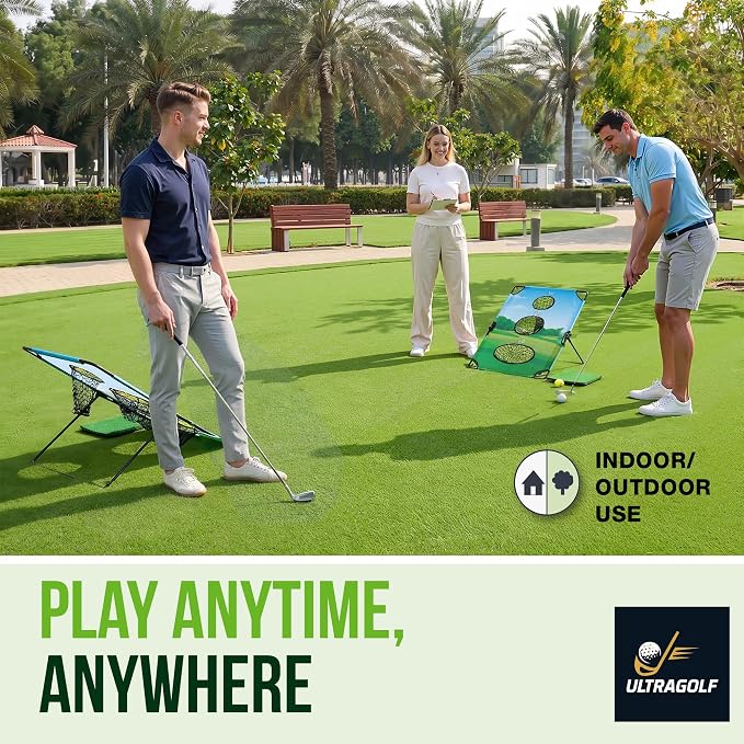 2-in-1 Golf Cornhole Chipping Game Set for Adults, Families and Golf Lovers – Foldable Yard Game with Targets, Non-Slip Mats, Balls, Stakes – Portable Outdoor Lawn and Backyard Simulator