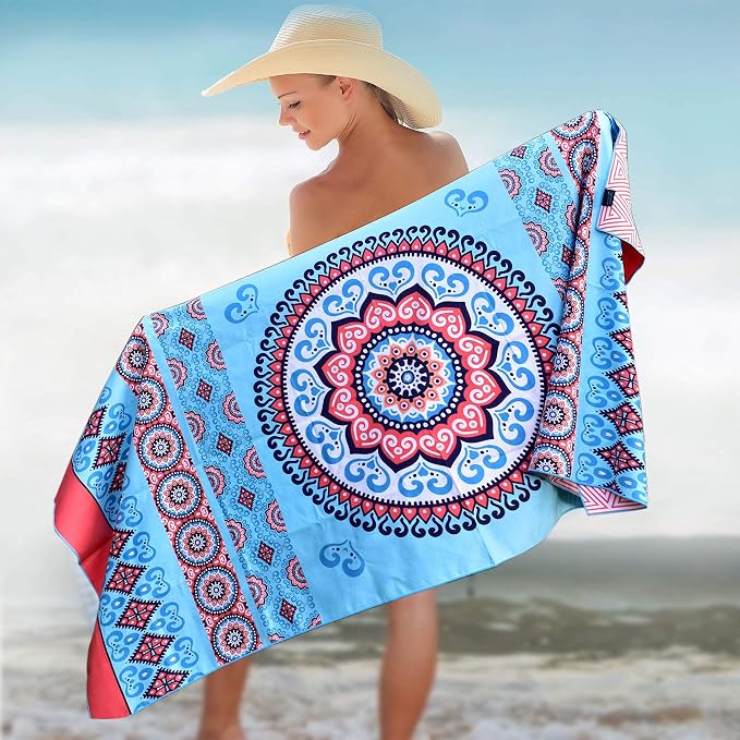Elite Trend Microfiber Beach Towel for Adults with Bag - Extra Large 78x35 Inch Lightweight Sand Free Quick Dry Towel for Travel, Swimming, Yoga, Camping (Mandala Coral)