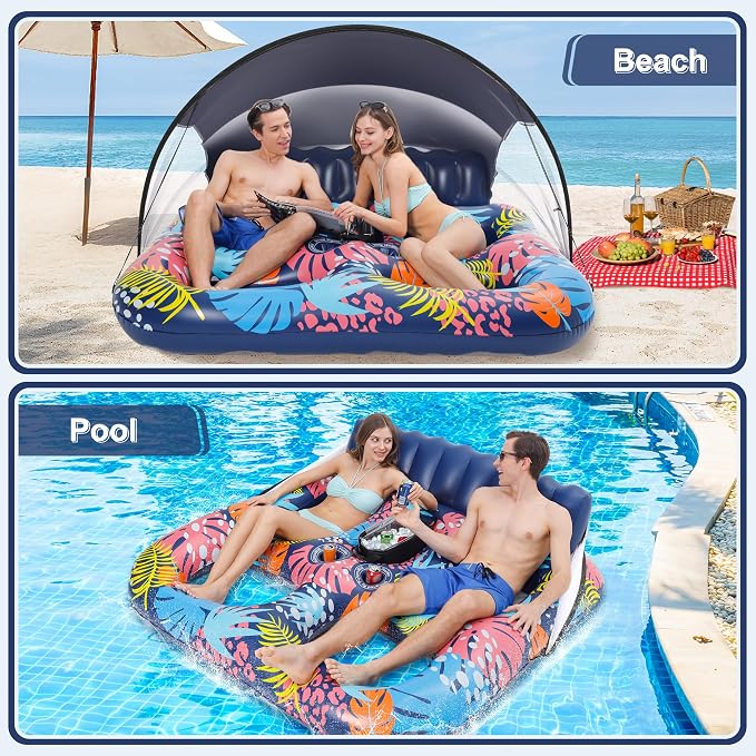 2-Person Inflatable Pool Floats Adult Heavy Duty, 71" x 61" Pool Lounger Float with Cup Holders & Backrest & Removable Insulated Cooler, Thickened Swimming Raft for Pool Party, Lake, Beach, River