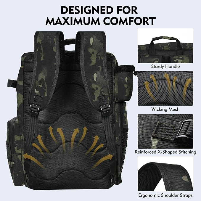 MGB Fishing Tackle Backpack with Rod Holders & YKK Zipper, 46L Fishing Bag with Bottle Holder, Storage Bag Store Fishing Gear