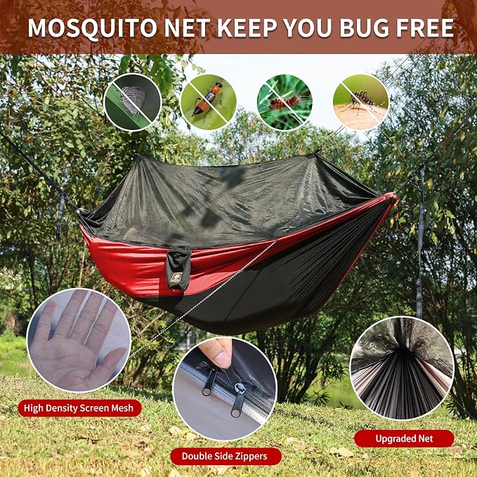 Camping Hammock with Net,Portable Lightweight Double Hammocks with Tree Straps and Solid D-Shape Carabiners,Parachute Nylon Hammock for Backpacking Beach Backyard Patio Hiking Black&Red
