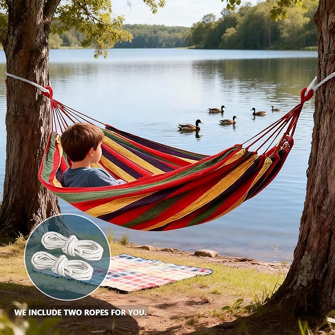 Outdoor Amacas Garden Camping Hammock, Portable Canvas Fabric Hammock for Patio Yard Garden Backyard Porch Travel, 300 lbs Maximum Weight Capacity