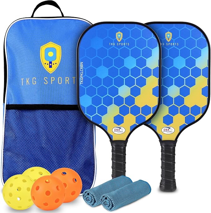 TKG Sports Pickleball Set with Bag - 2 14mm Honeycomb Core Paddles | 2 USAPA Approved Pickleball Paddles, 2 Indoor and 2 Outdoor Pickleball Balls, 2 Cooling Towels - Rackets for Adults and Teens