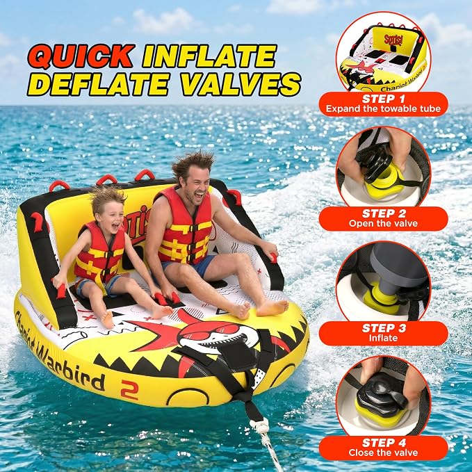 Towable Tube for Boating, 1–2 Person Inflatable Towable Tube with Quick Connect, Heavy Duty 840D Nylon Water Tube for Lake & Water Sports