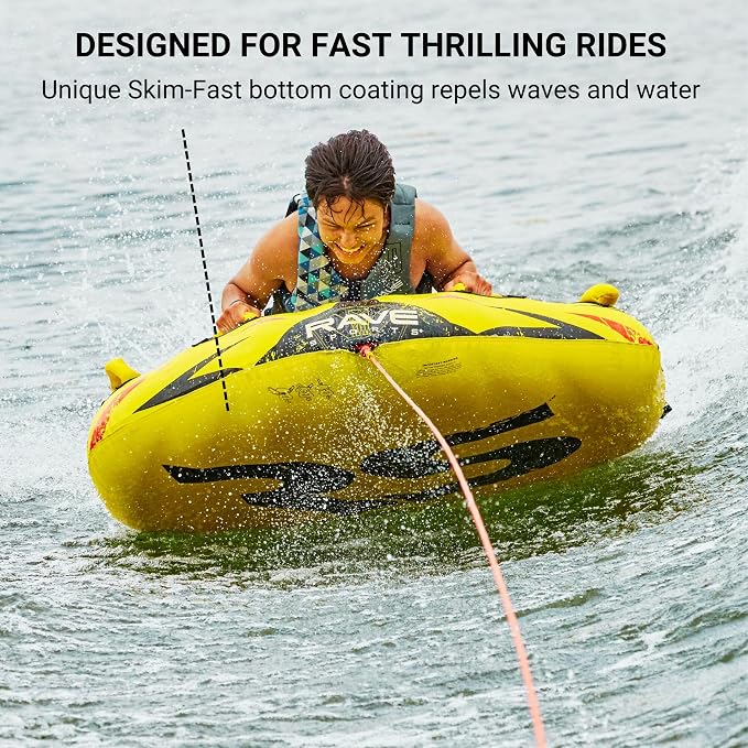 RAVE Sports Razor Inflatable Towable Tube, 1-2 Riders, Unique Skim-Fast Bottom Coating, Nylon Cover, Four Foam-Filled Reinforced Handles, Quick Connect Tow Point, Boat Tubes and Towables