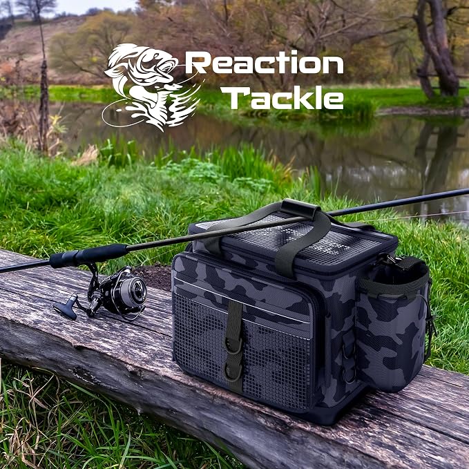 Reaction Tackle Fishing Tackle Bag - Water Resistant Camo Tackle Bag with Padded Shoulder Strap, D Ring Hanger, Suitable for 3600 Storage Boxes, Compression Molded Waterproof Non-Slip Bottom