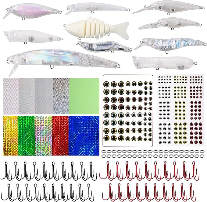 Unpainted Fishing Lures Making Kit DIY Crankbaits Minnow Kit - 321/355pcs Blank Hard Bait Lure Set Include Pliers Treble Hook Split Rings Lure Eyes Stickers Making Supplies Make Your Own Fishing Lures