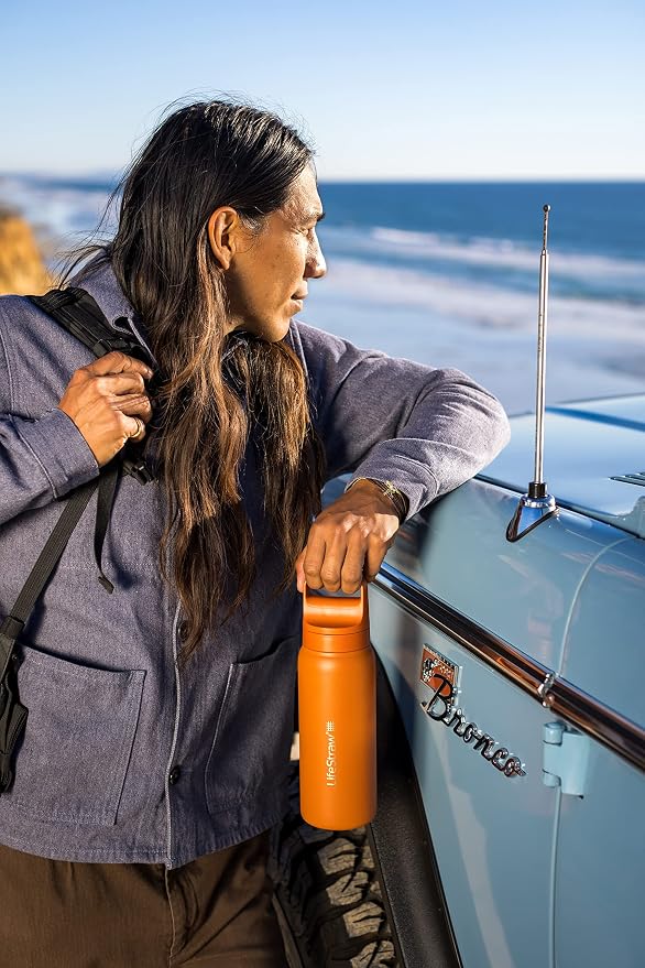 LifeStraw Go Series — Insulated Stainless Steel Water Filter Bottle for Travel and Everyday Use Removes Bacteria, Parasites and Microplastics, Improves Taste, 24 oz, Kyoto Orange