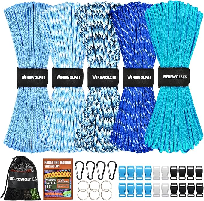 WEREWOLVES 550 Paracord Kits 100ft Each Color - 5 Colors Parachute Cord Combo 7 Strand Type III Parachute Cord 4mm for Crafting, Dog Collar, Survival Bracelets