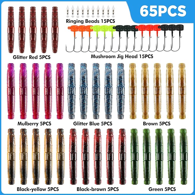 PLUSINNO Wacky Worm Fishing Lure Kit, Soft Plastic Fishing Lures, Grub Baits Hook Wacky Rig Bass Trout Fishing Worms Lures w/Tackle Box